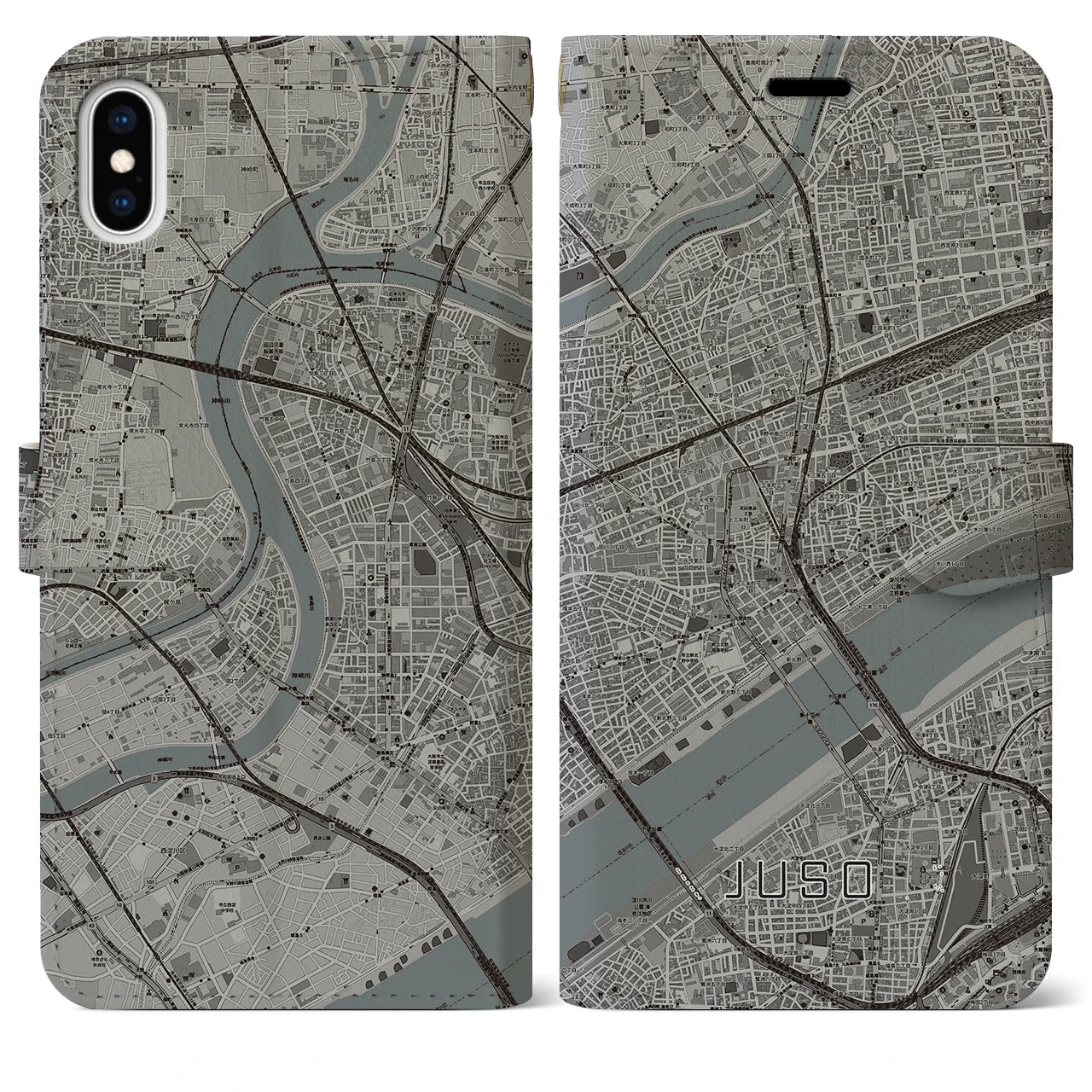 【十三（大阪府）】地図柄iPhoneケース（手帳タイプ）モノトーン・iPhone XS Max 用