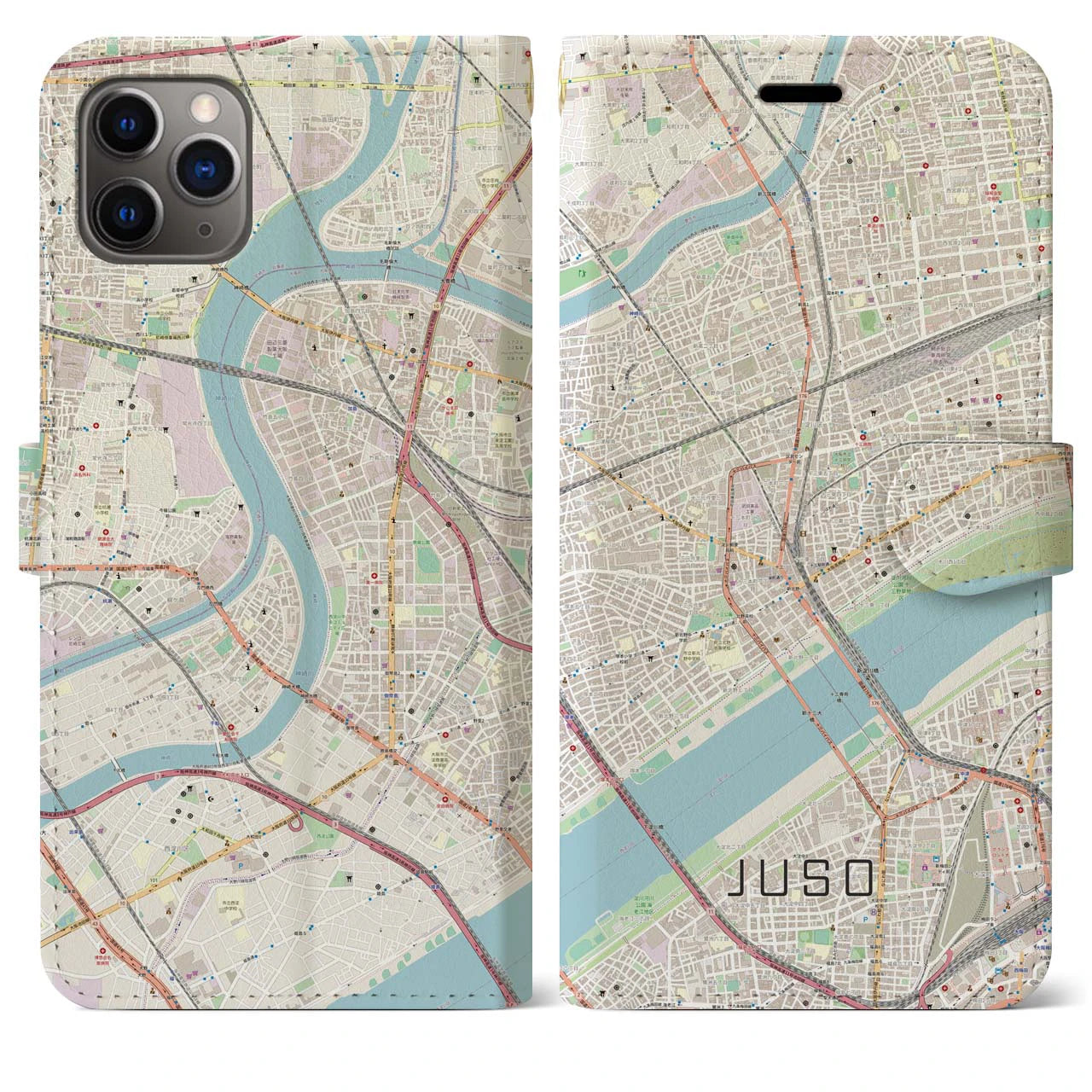 【十三（大阪府）】地図柄iPhoneケース（手帳タイプ）ナチュラル・iPhone 11 Pro Max 用