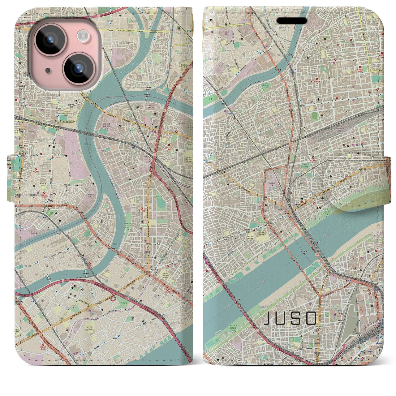 【十三（大阪府）】地図柄iPhoneケース（手帳タイプ）ナチュラル・iPhone 15 Plus 用