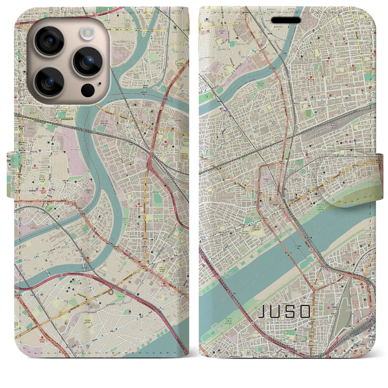 【十三（大阪府）】地図柄iPhoneケース（手帳タイプ）ナチュラル・iPhone 16 Plus 用