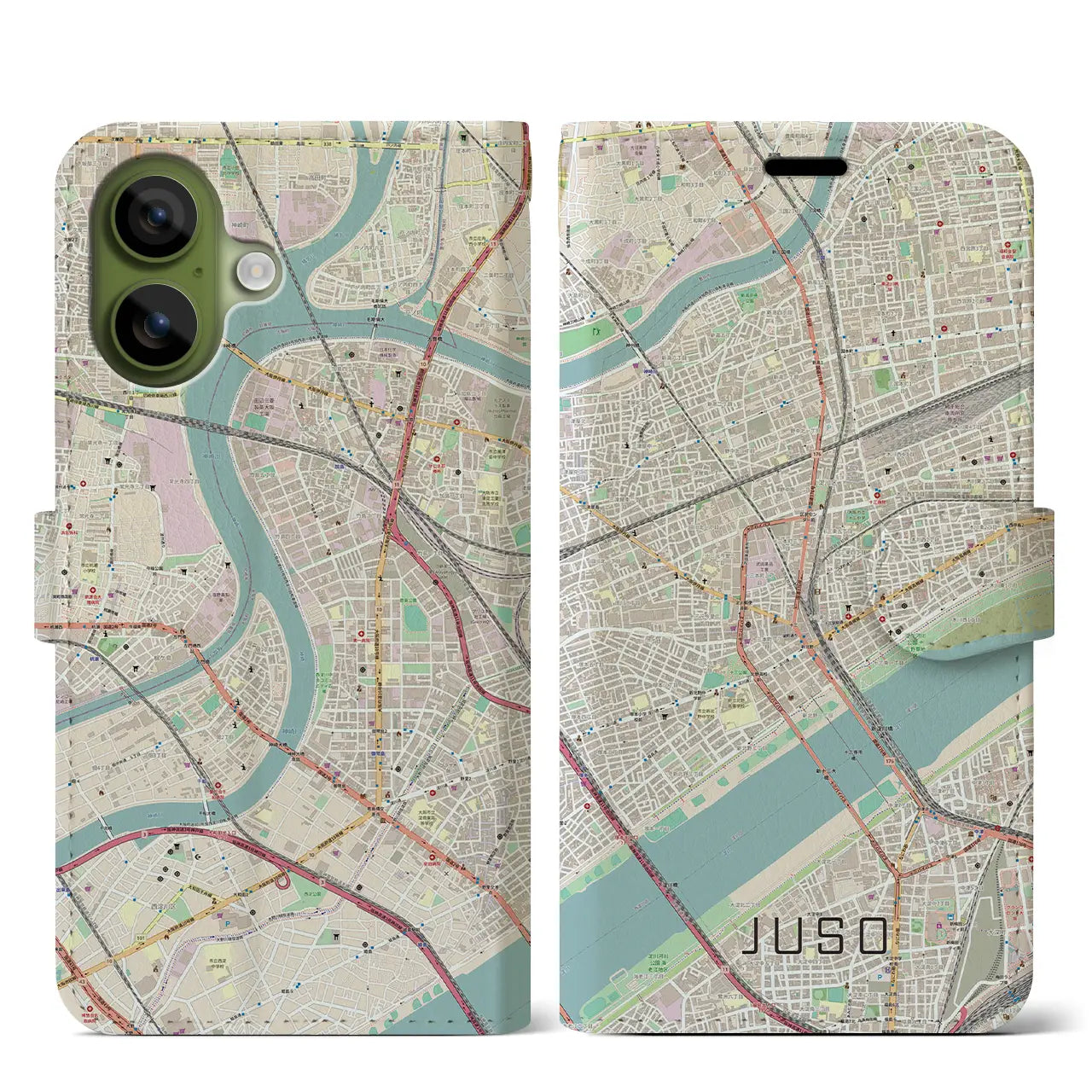 【十三（大阪府）】地図柄iPhoneケース（手帳タイプ）