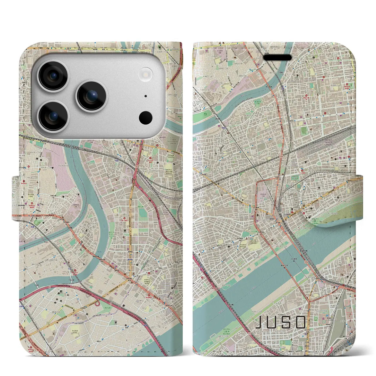 【十三（大阪府）】地図柄iPhoneケース（手帳タイプ）