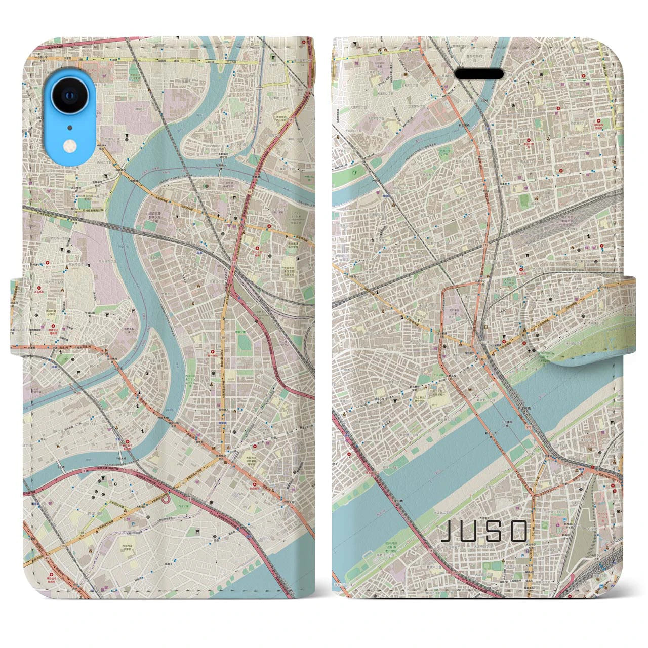 【十三（大阪府）】地図柄iPhoneケース（手帳タイプ）ナチュラル・iPhone XR 用