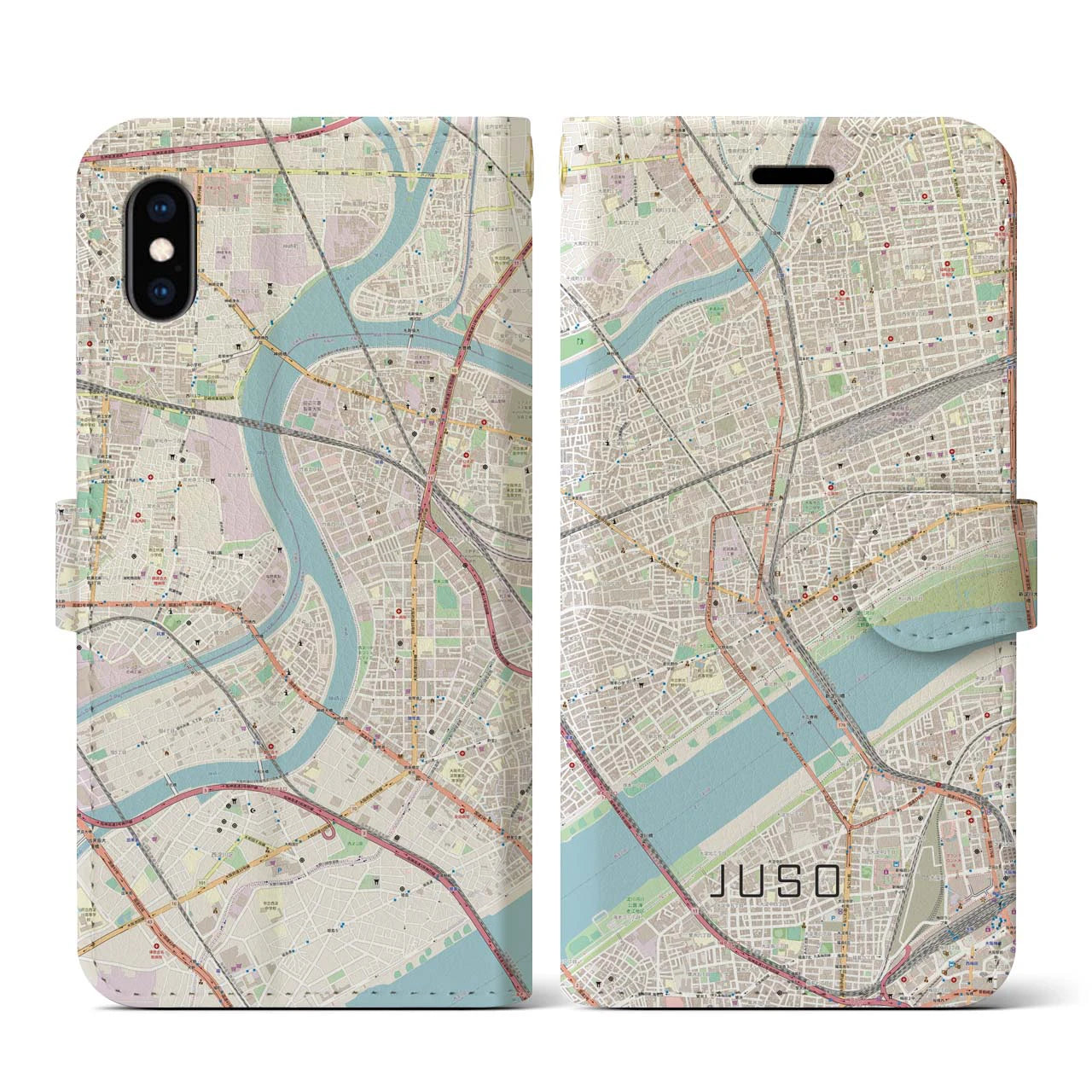 【十三（大阪府）】地図柄iPhoneケース（手帳タイプ）ナチュラル・iPhone XS / X 用