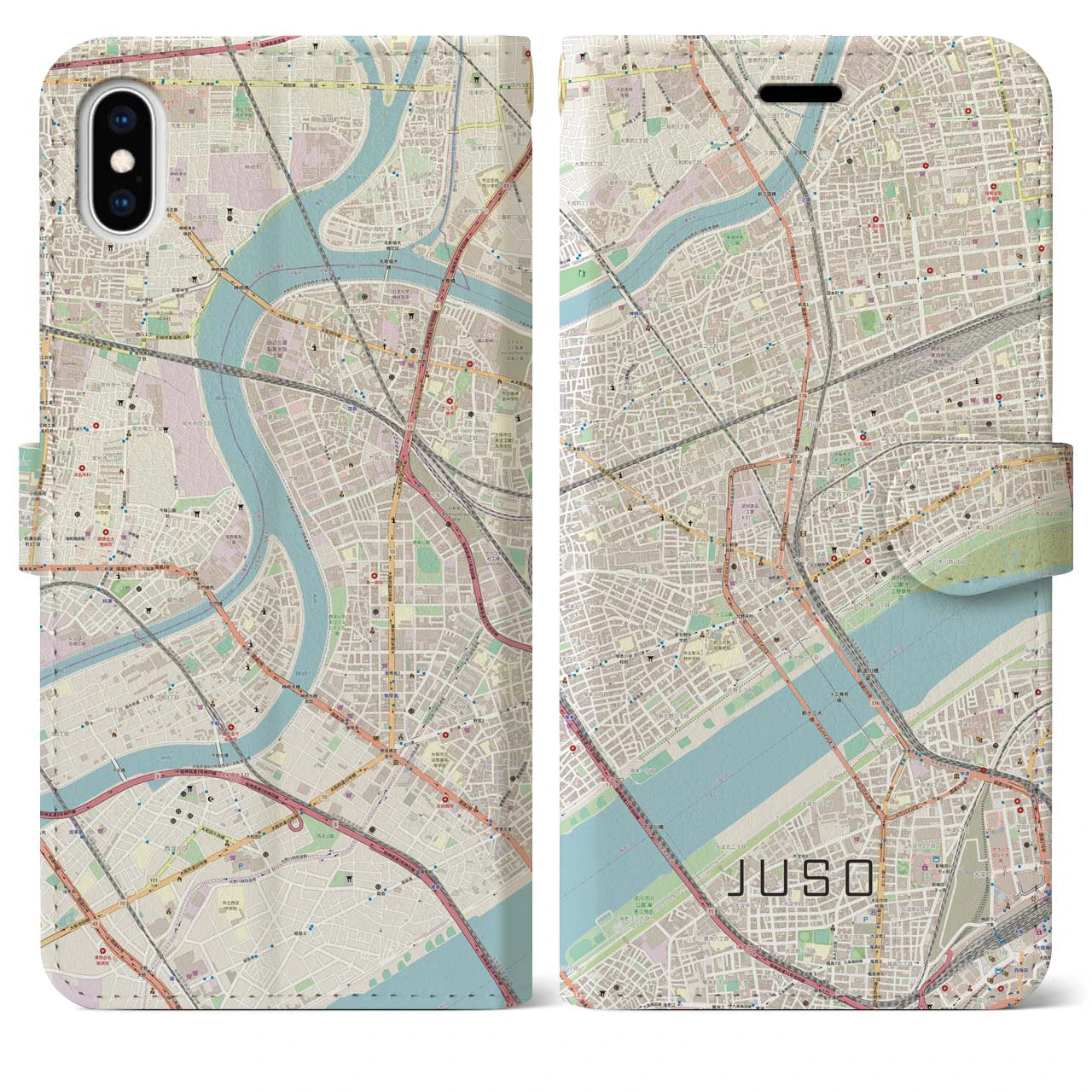 【十三（大阪府）】地図柄iPhoneケース（手帳タイプ）ナチュラル・iPhone XS Max 用