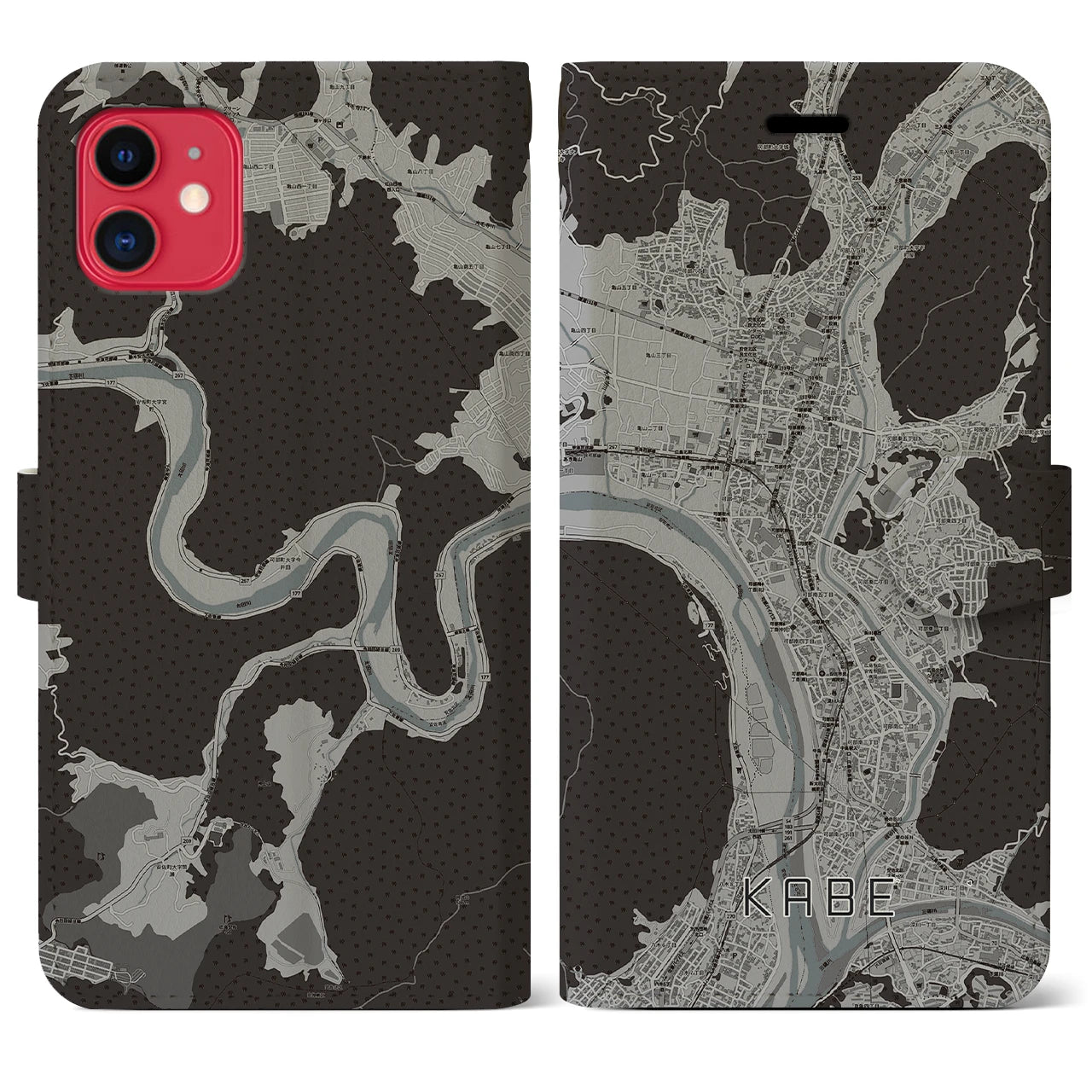 【可部（広島県）】地図柄iPhoneケース（手帳タイプ）モノトーン・iPhone 11 用