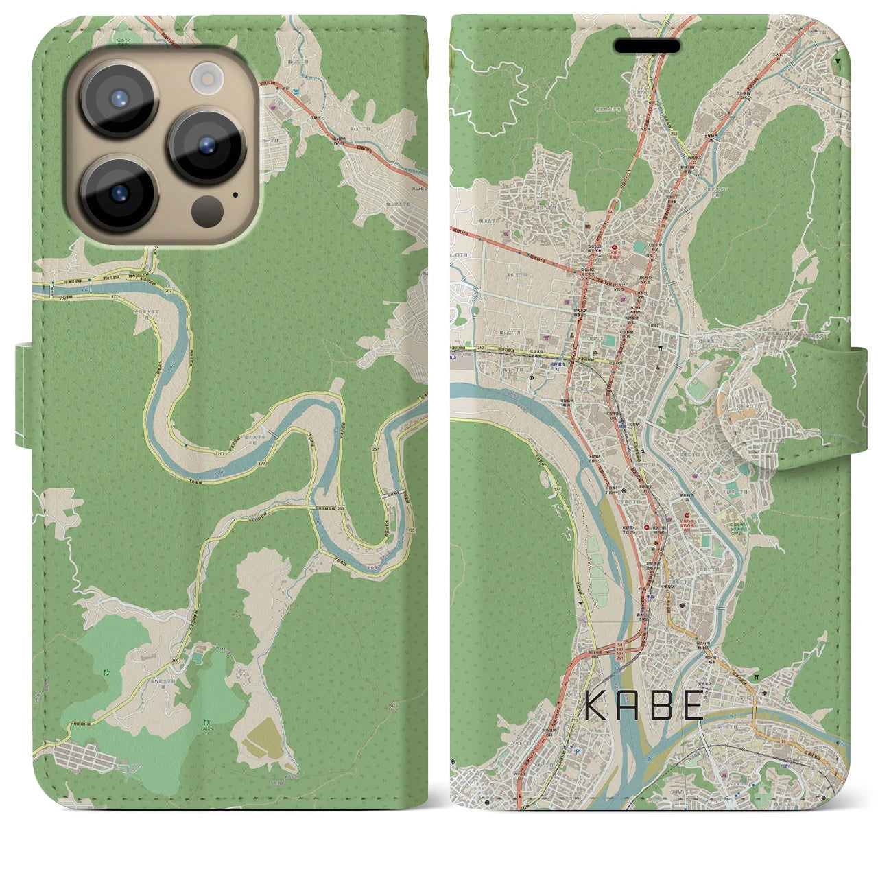 【可部（広島県）】地図柄iPhoneケース（手帳タイプ）ナチュラル・iPhone 14 Pro Max 用