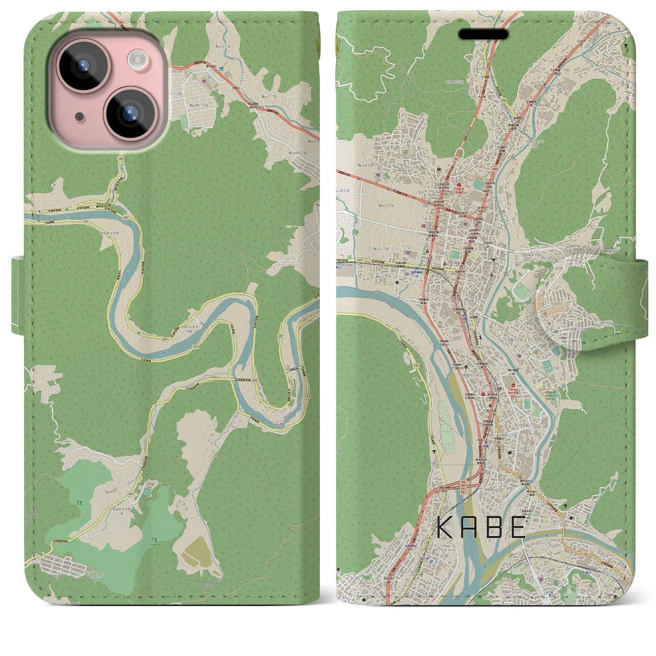 【可部（広島県）】地図柄iPhoneケース（手帳タイプ）ナチュラル・iPhone 15 Plus 用