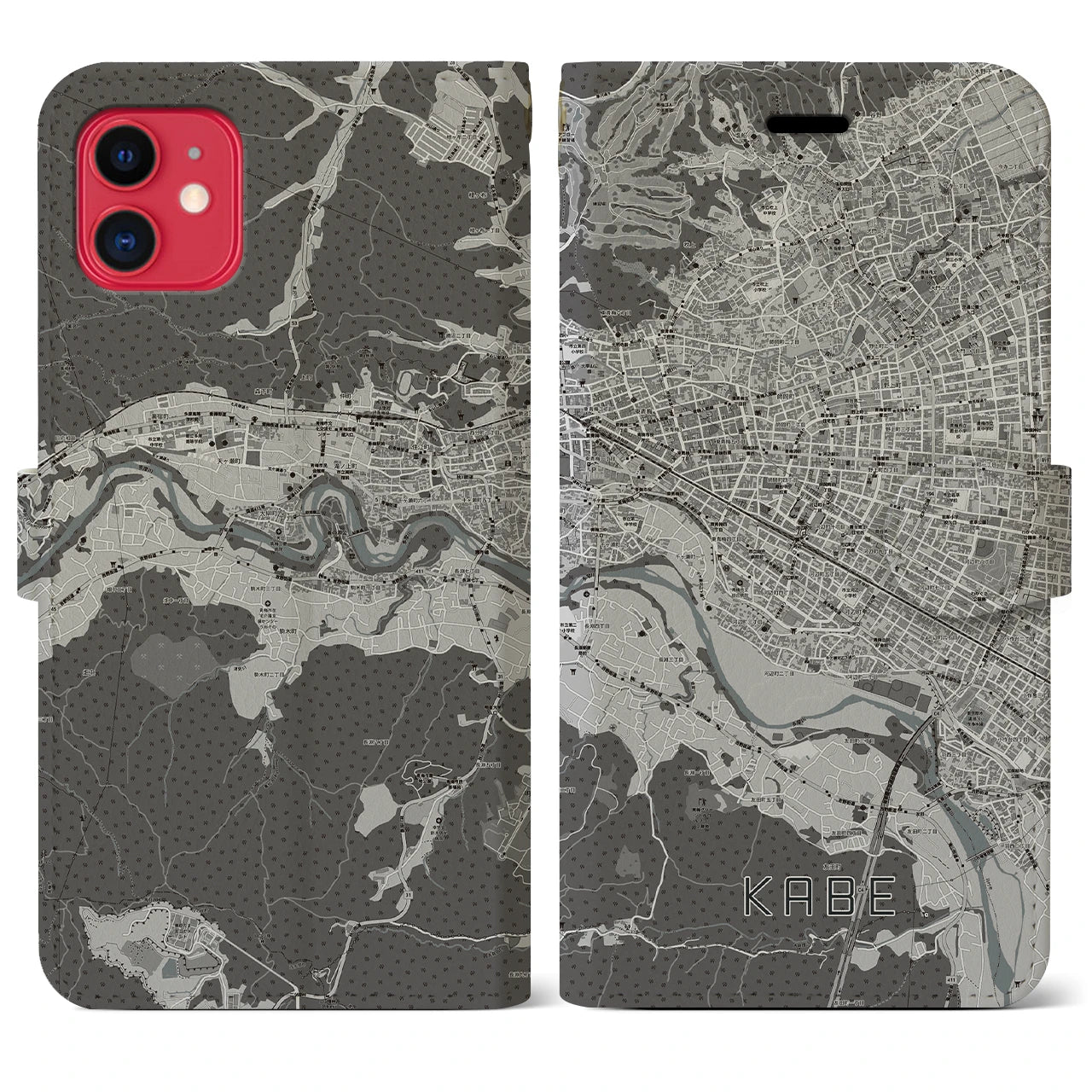 【河辺】地図柄iPhoneケース（手帳両面タイプ・モノトーン）iPhone 11 用