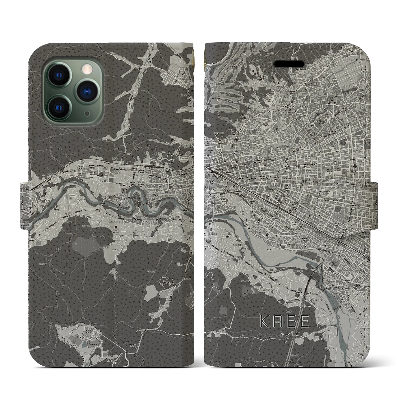 【河辺】地図柄iPhoneケース（手帳両面タイプ・モノトーン）iPhone 11 Pro 用