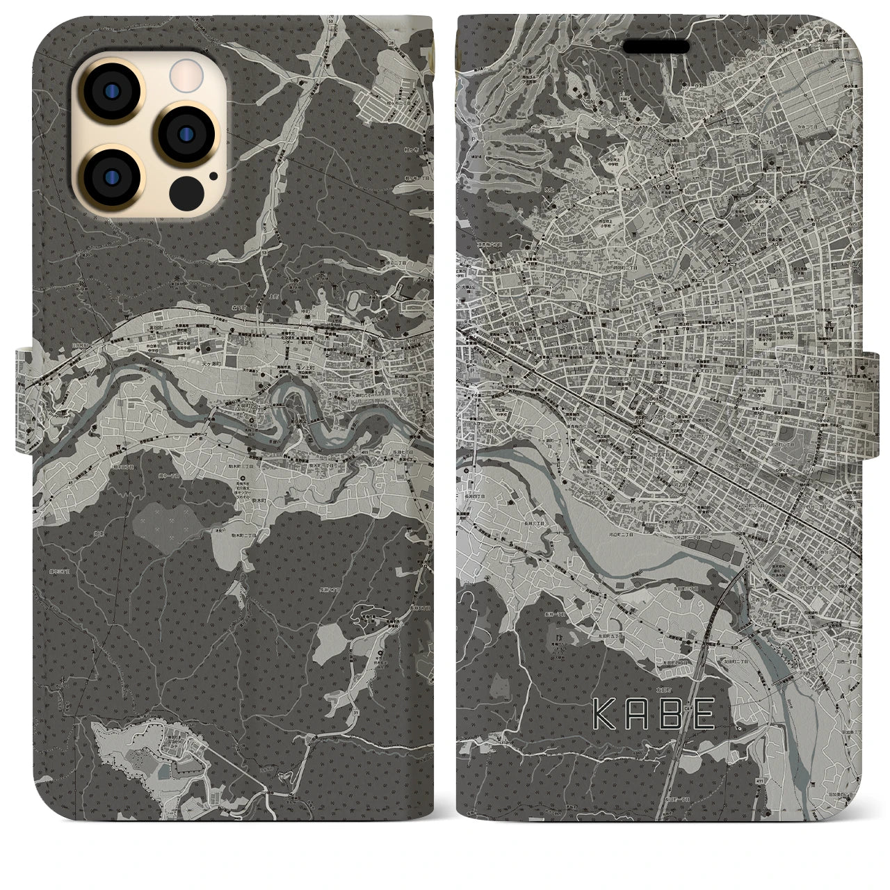 【河辺】地図柄iPhoneケース（手帳両面タイプ・モノトーン）iPhone 12 Pro Max 用