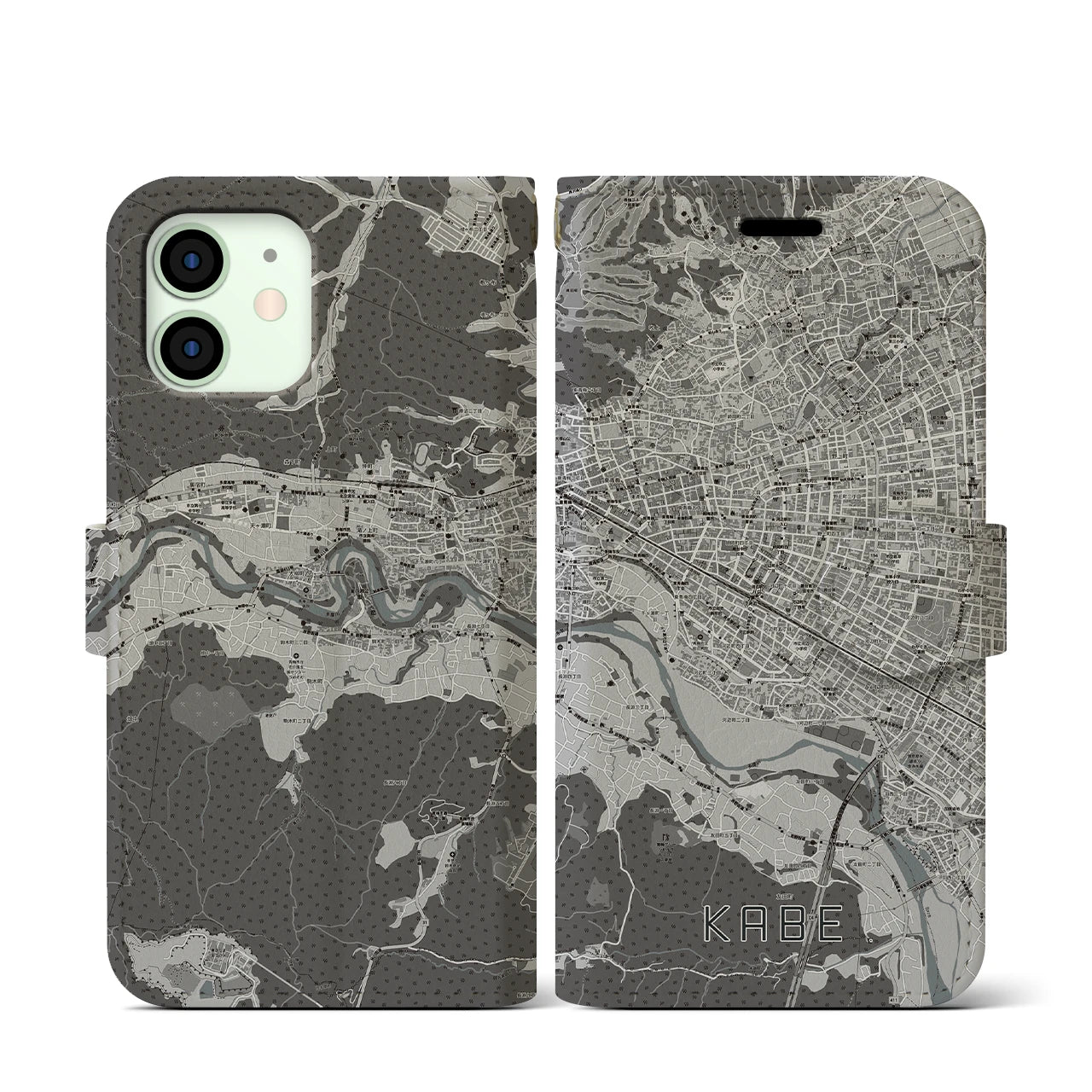 【河辺】地図柄iPhoneケース（手帳両面タイプ・モノトーン）iPhone 12 mini 用