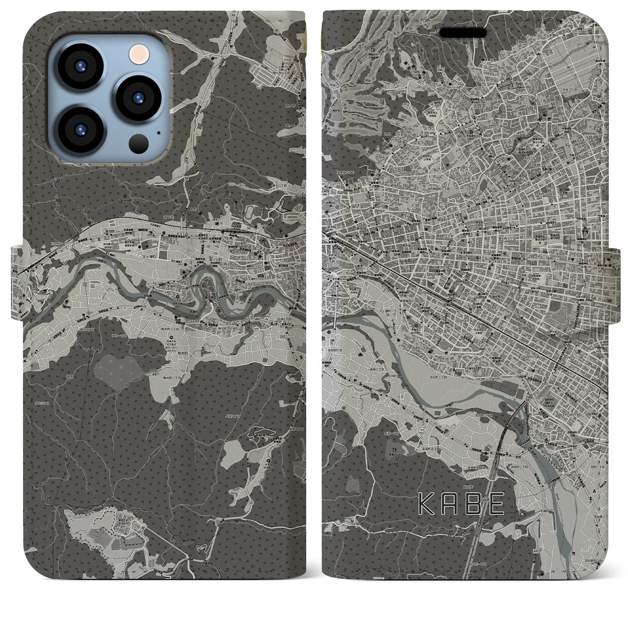 【河辺】地図柄iPhoneケース（手帳両面タイプ・モノトーン）iPhone 13 Pro Max 用