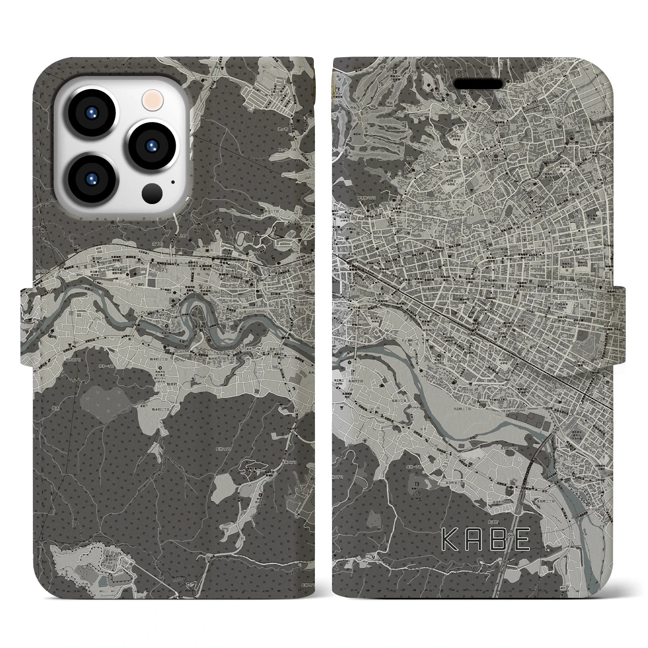 【河辺】地図柄iPhoneケース（手帳両面タイプ・モノトーン）iPhone 13 Pro 用