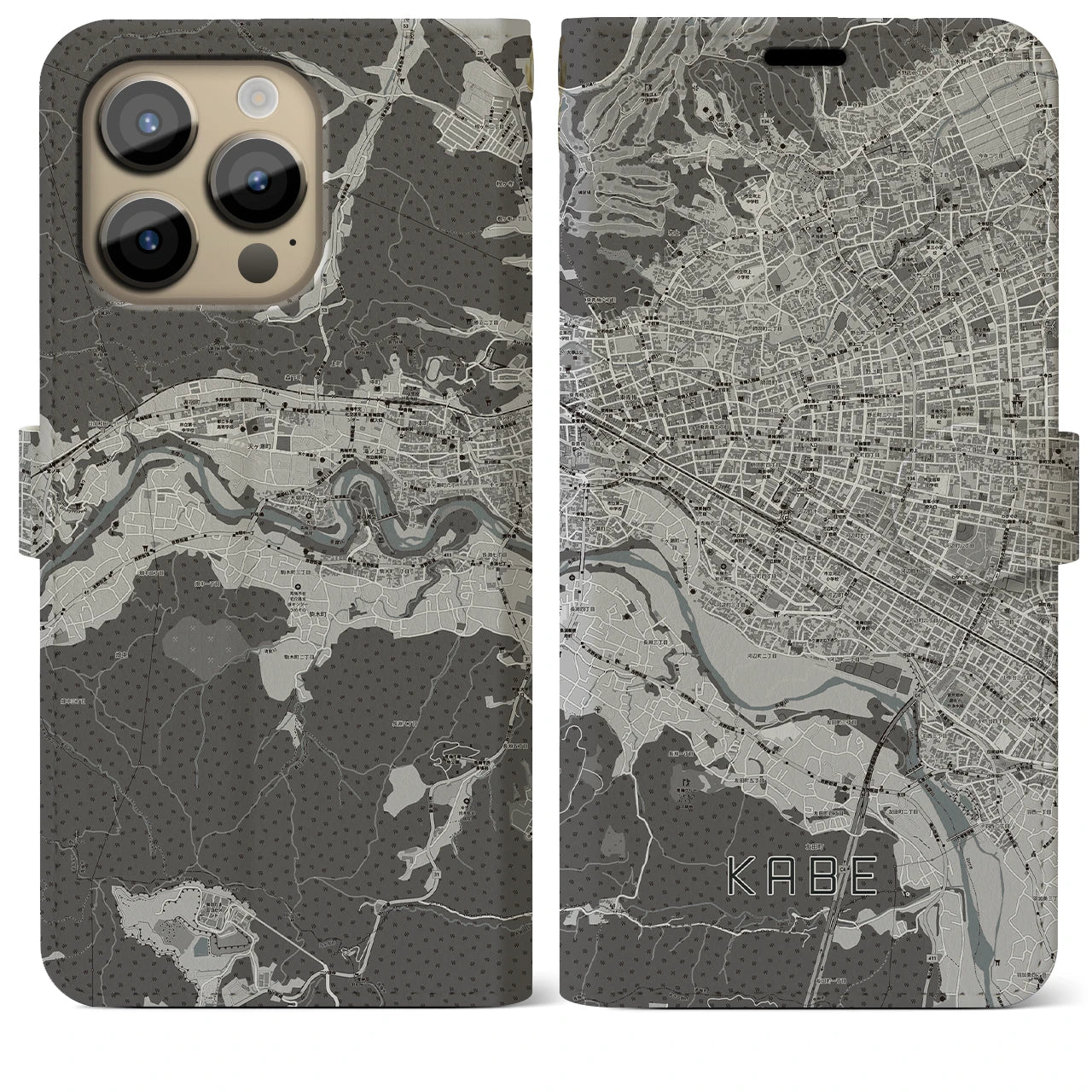 【河辺】地図柄iPhoneケース（手帳両面タイプ・モノトーン）iPhone 14 Pro Max 用