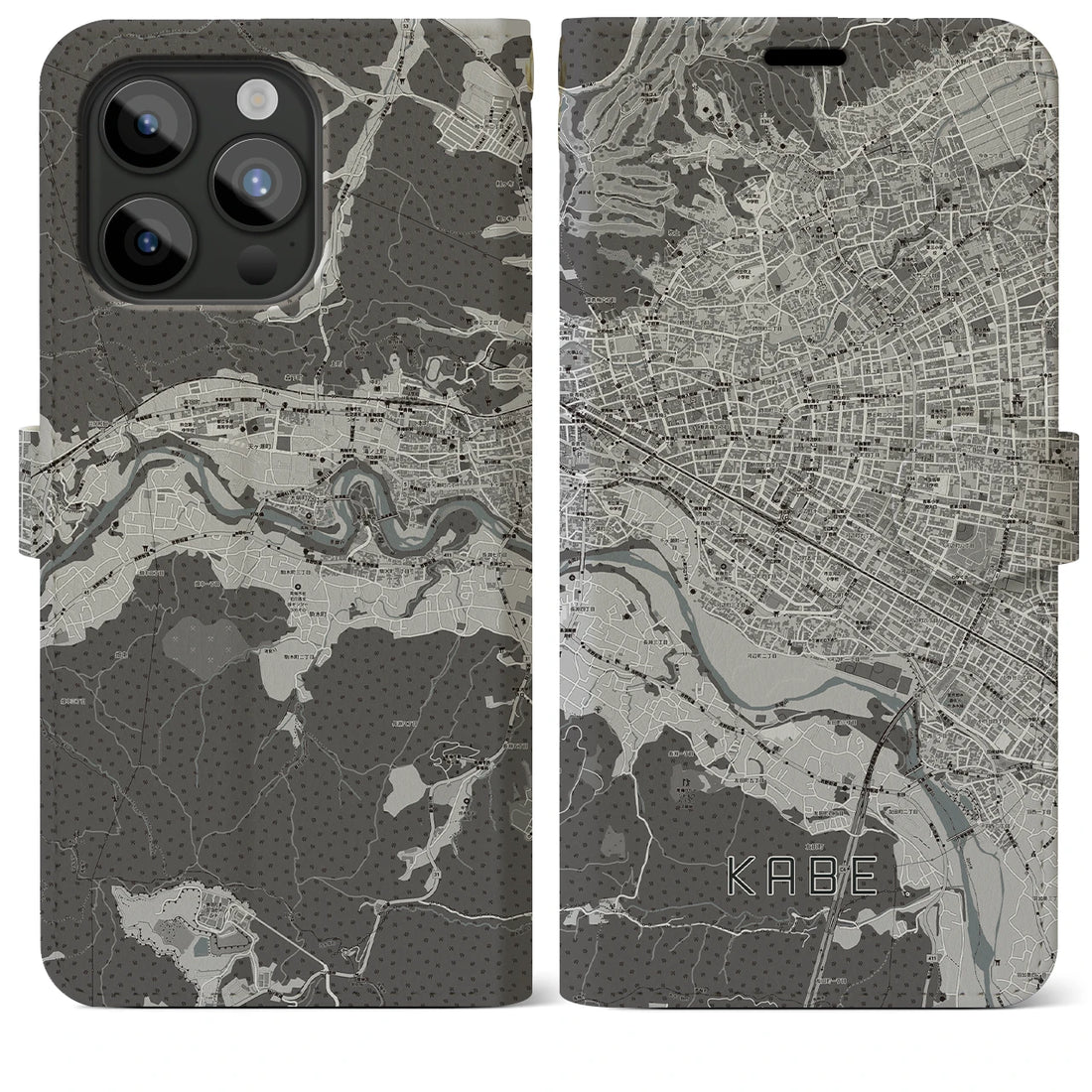【河辺】地図柄iPhoneケース（手帳両面タイプ・モノトーン）iPhone 15 Pro Max 用