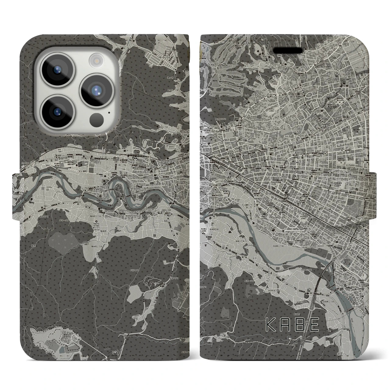【河辺】地図柄iPhoneケース（手帳両面タイプ・モノトーン）iPhone 15 Pro 用