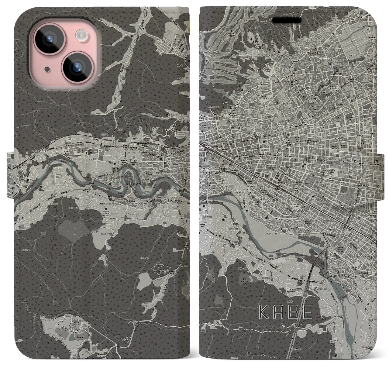【河辺】地図柄iPhoneケース（手帳両面タイプ・モノトーン）iPhone 15 Plus 用