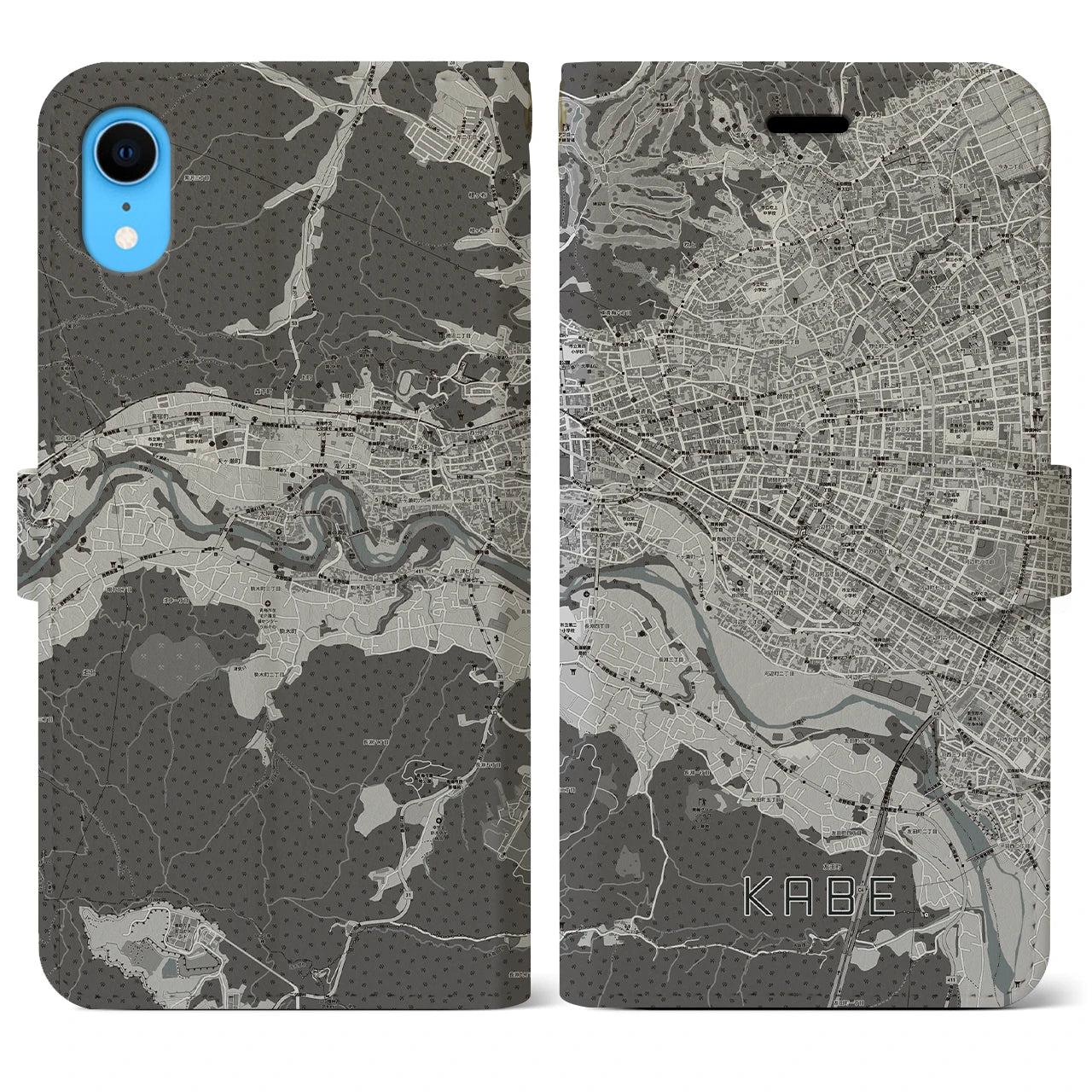 【河辺】地図柄iPhoneケース（手帳両面タイプ・モノトーン）iPhone XR 用