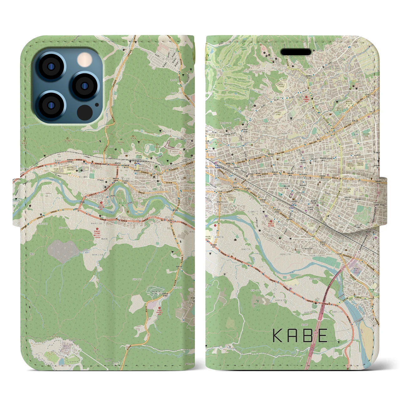 【河辺（東京都）】地図柄iPhoneケース（手帳タイプ）ナチュラル・iPhone 12 / 12 Pro 用