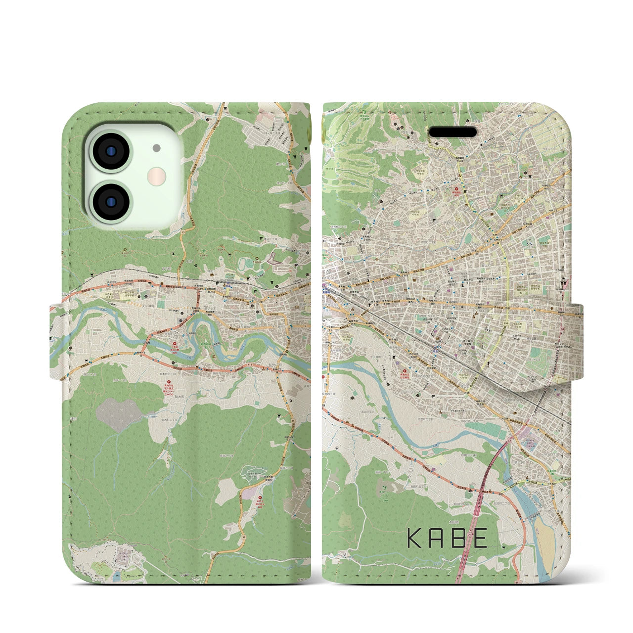 【河辺（東京都）】地図柄iPhoneケース（手帳タイプ）ナチュラル・iPhone 12 mini 用