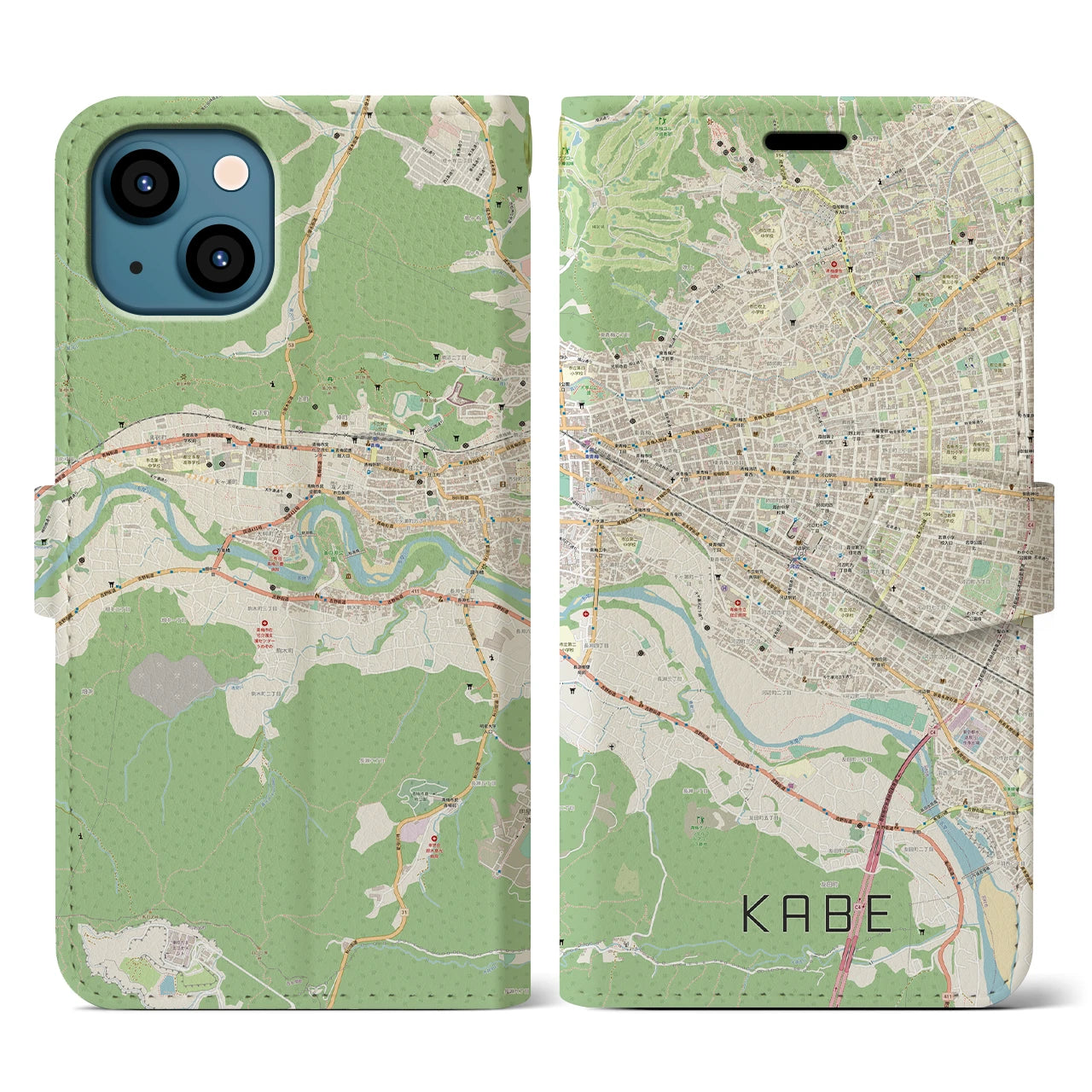 【河辺（東京都）】地図柄iPhoneケース（手帳タイプ）ナチュラル・iPhone 13 用