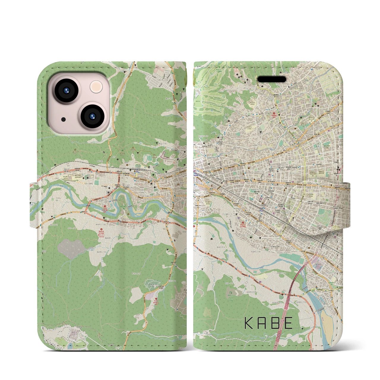 【河辺（東京都）】地図柄iPhoneケース（手帳タイプ）ナチュラル・iPhone 13 mini 用