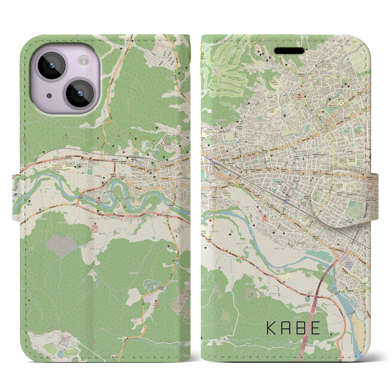 【河辺（東京都）】地図柄iPhoneケース（手帳タイプ）ナチュラル・iPhone 14 用