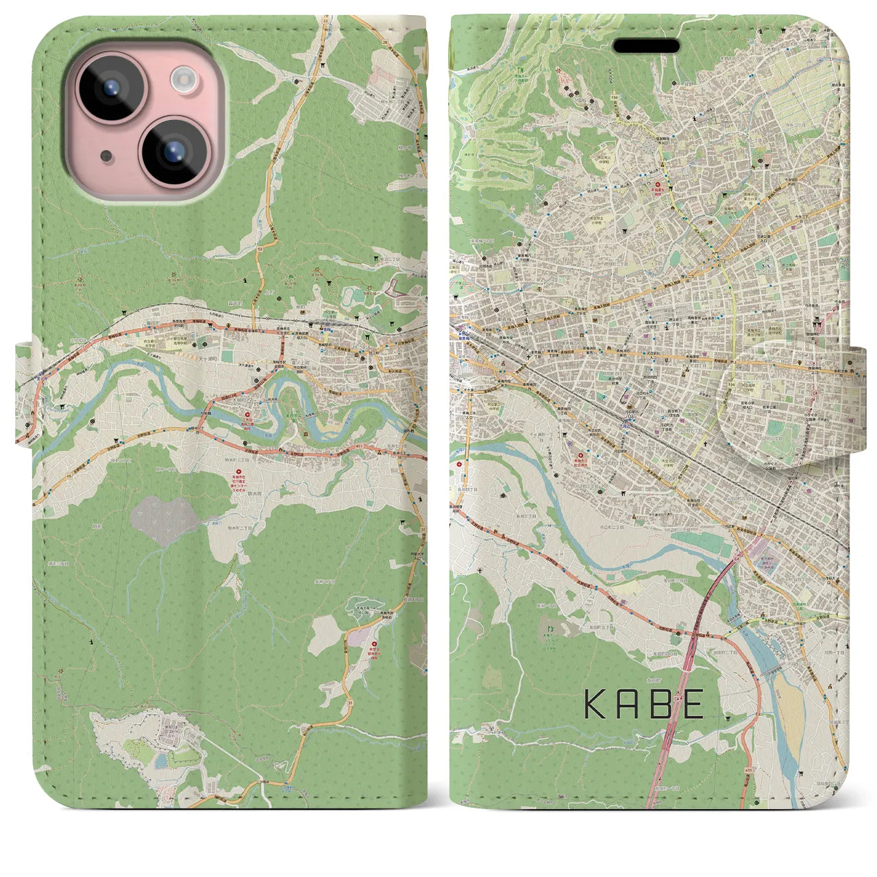 【河辺（東京都）】地図柄iPhoneケース（手帳タイプ）ナチュラル・iPhone 15 Plus 用