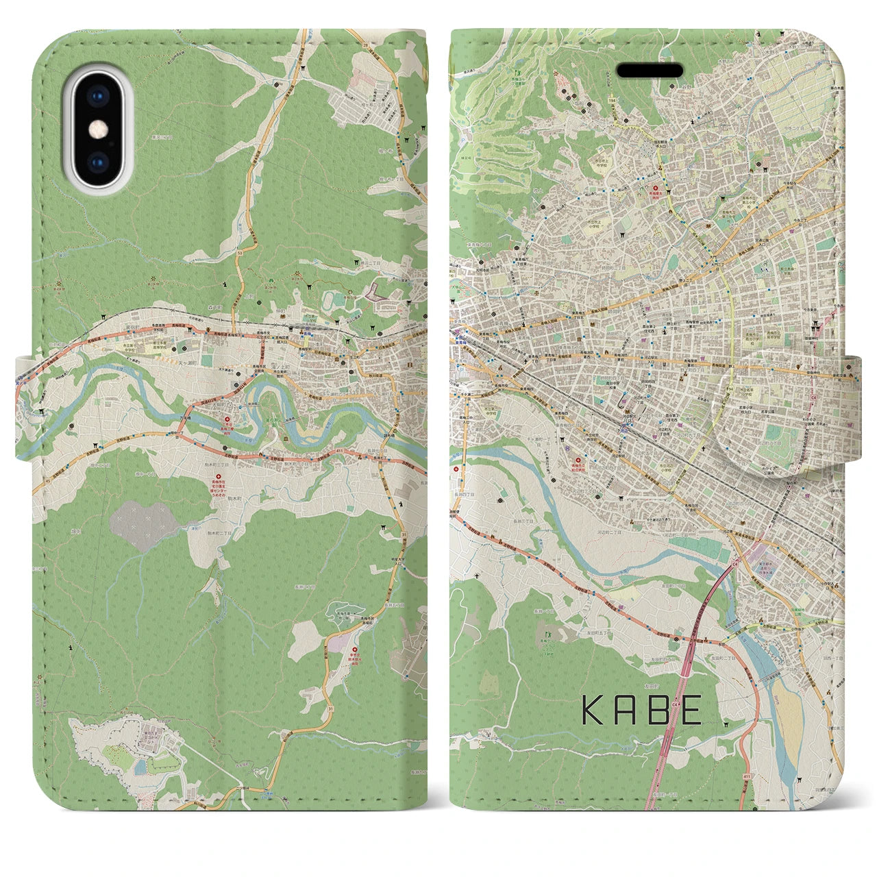 【河辺（東京都）】地図柄iPhoneケース（手帳タイプ）ナチュラル・iPhone XS Max 用