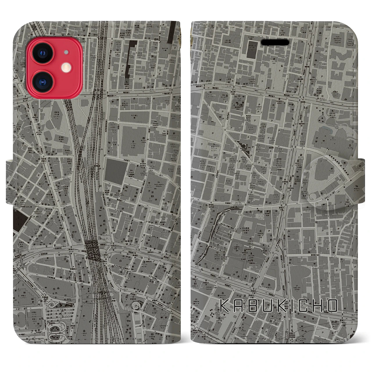 【歌舞伎町（東京都）】地図柄iPhoneケース（手帳タイプ）モノトーン・iPhone 11 用