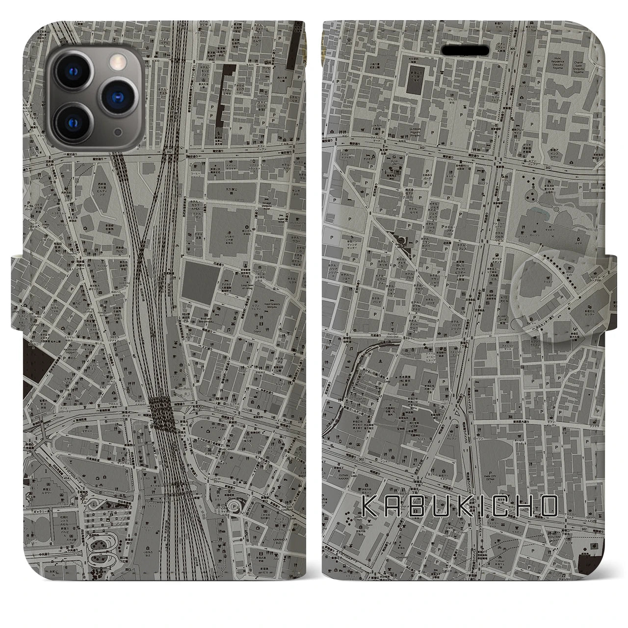 【歌舞伎町】地図柄iPhoneケース（手帳両面タイプ・モノトーン）iPhone 11 Pro Max 用