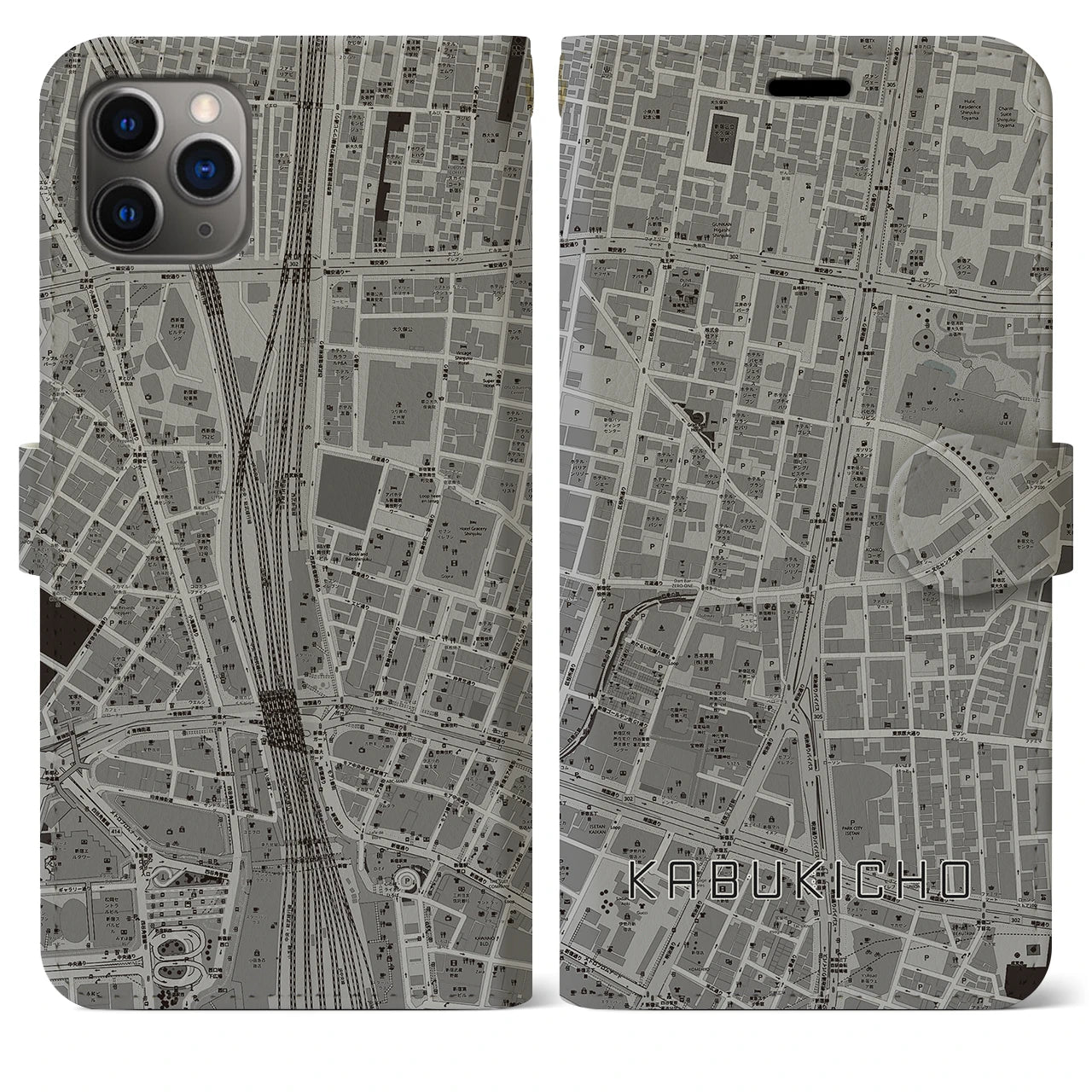 【歌舞伎町（東京都）】地図柄iPhoneケース（手帳タイプ）モノトーン・iPhone 11 Pro Max 用