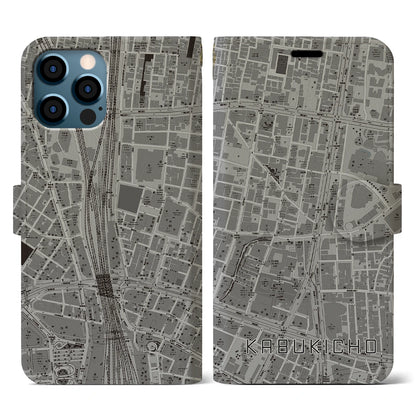 【歌舞伎町（東京都）】地図柄iPhoneケース（手帳タイプ）モノトーン・iPhone 12 / 12 Pro 用