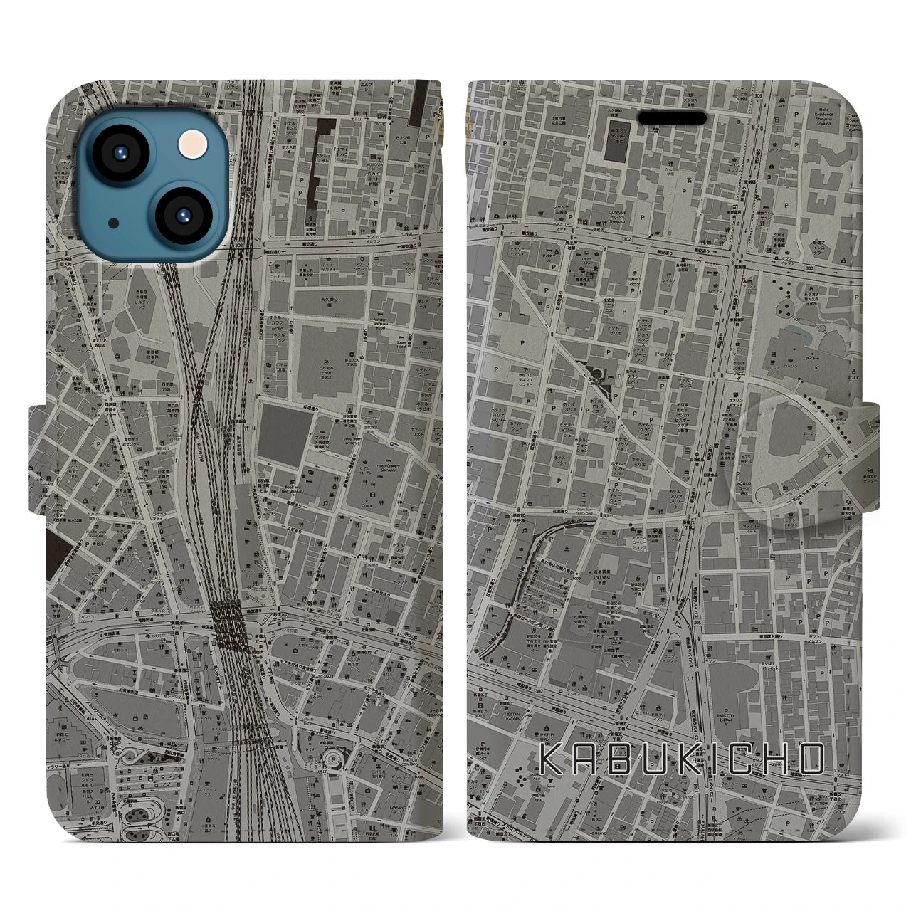 【歌舞伎町】地図柄iPhoneケース（手帳両面タイプ・モノトーン）iPhone 13 用