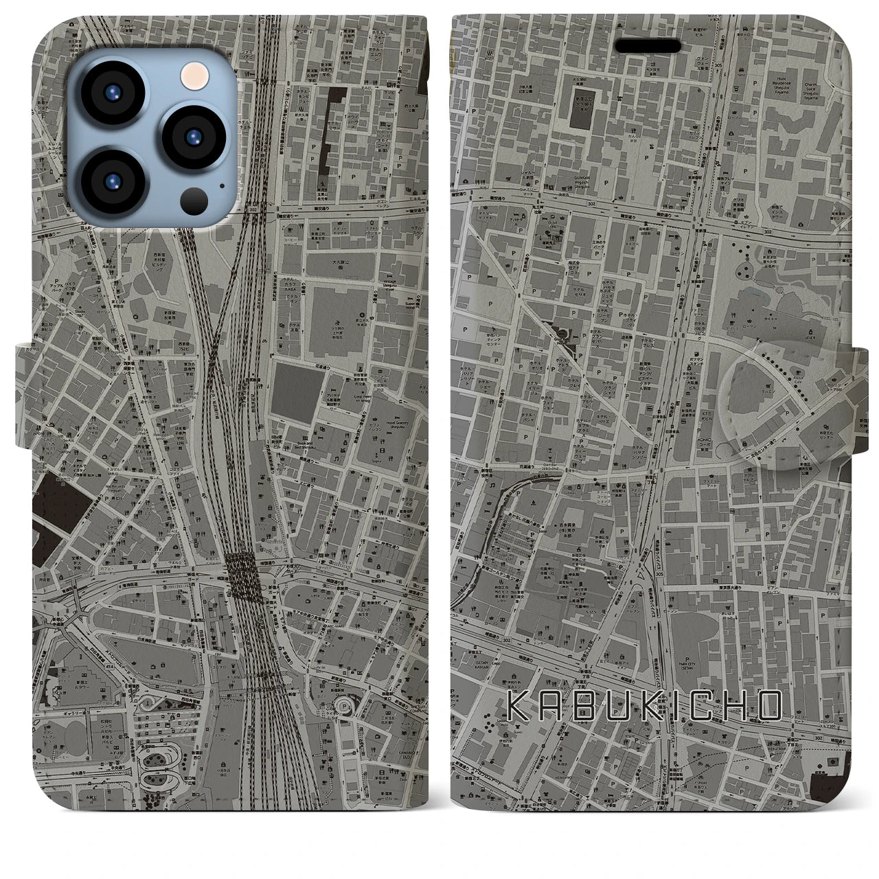 【歌舞伎町】地図柄iPhoneケース（手帳両面タイプ・モノトーン）iPhone 13 Pro Max 用