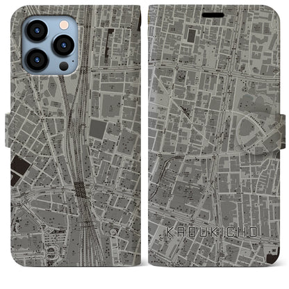 【歌舞伎町（東京都）】地図柄iPhoneケース（手帳タイプ）モノトーン・iPhone 13 Pro Max 用