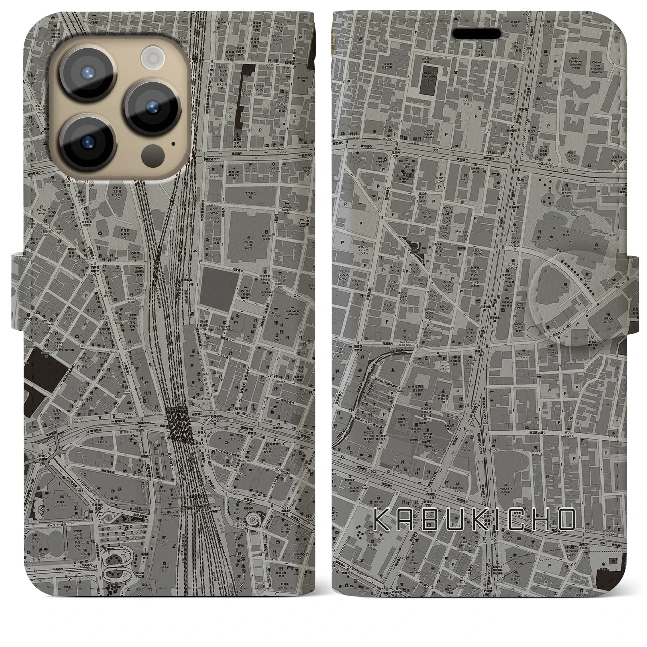 【歌舞伎町】地図柄iPhoneケース（手帳両面タイプ・モノトーン）iPhone 14 Pro Max 用