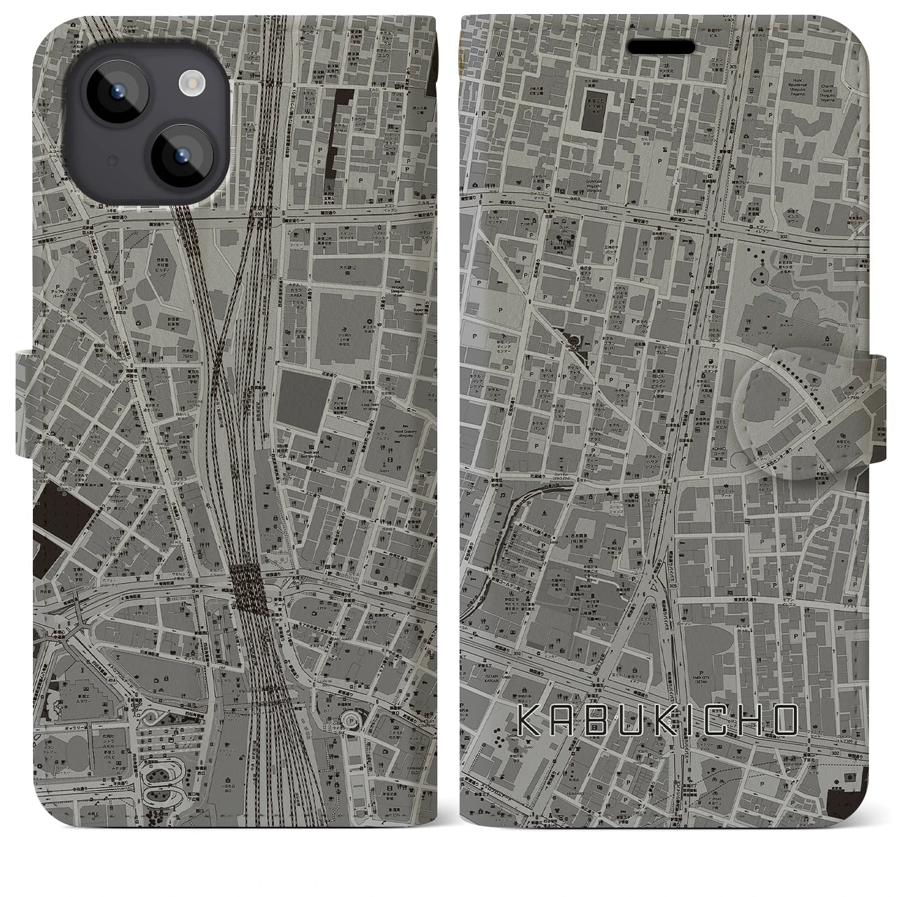 【歌舞伎町】地図柄iPhoneケース（手帳両面タイプ・モノトーン）iPhone 14 Plus 用