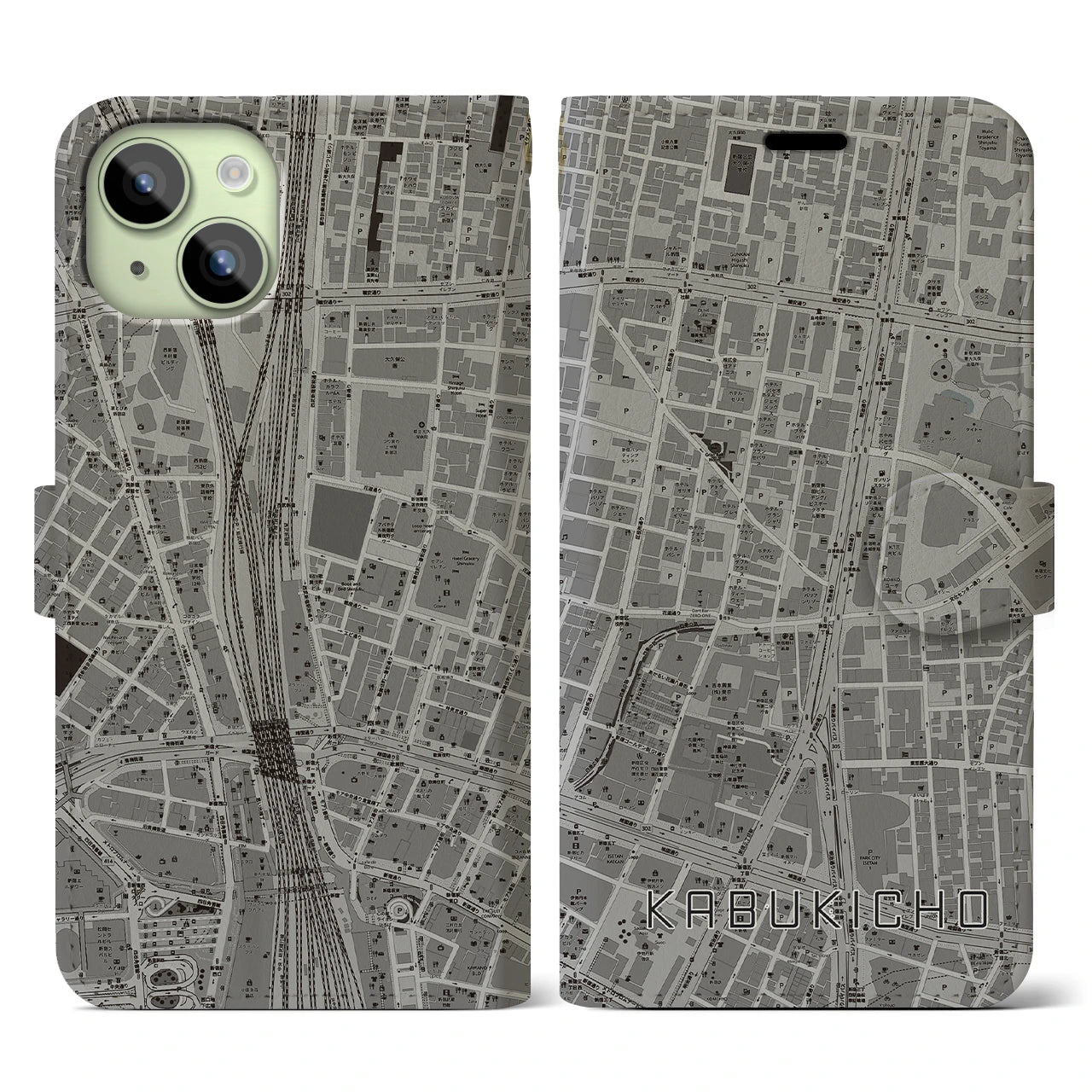 【歌舞伎町】地図柄iPhoneケース（手帳両面タイプ・モノトーン）iPhone 15 用