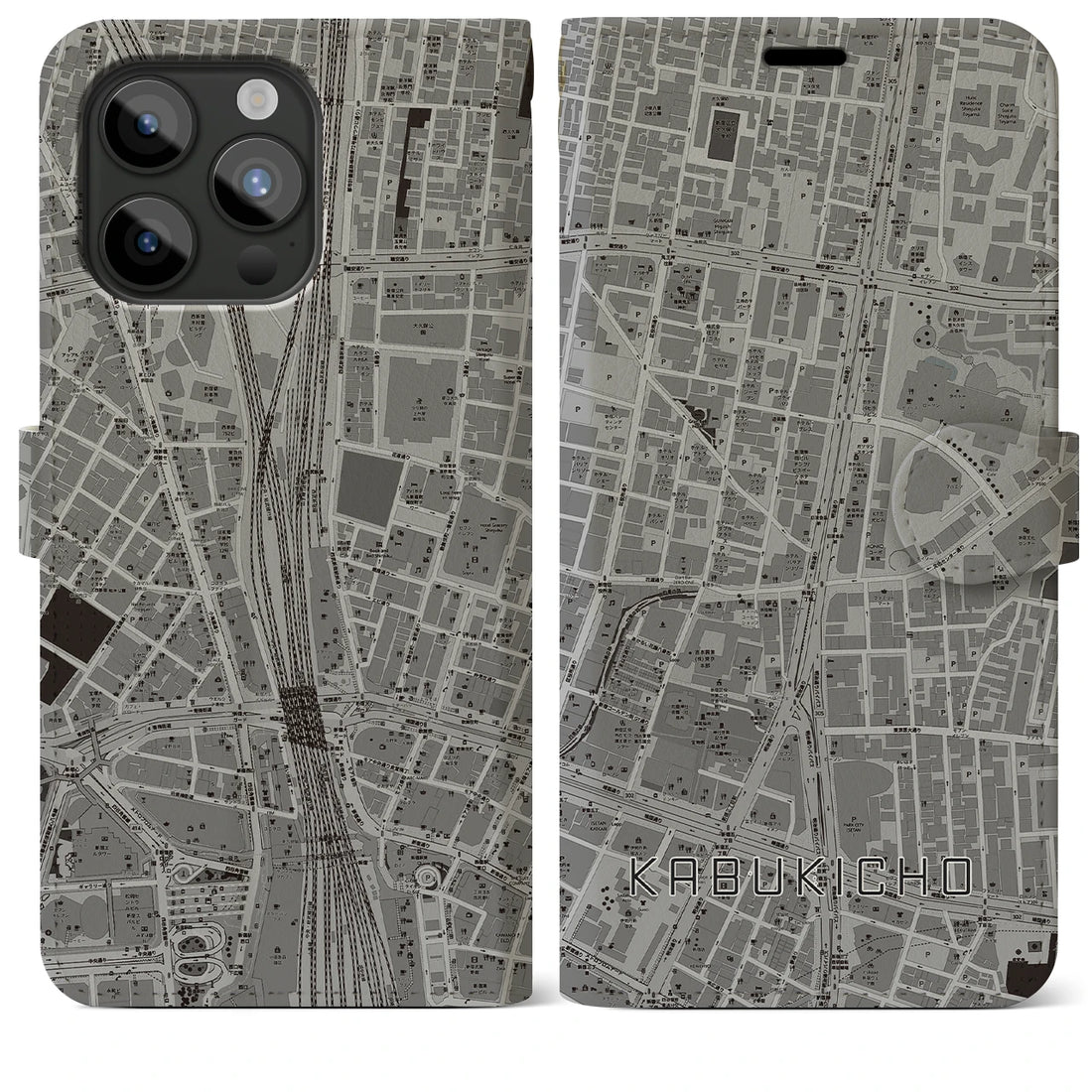 【歌舞伎町】地図柄iPhoneケース（手帳両面タイプ・モノトーン）iPhone 15 Pro Max 用