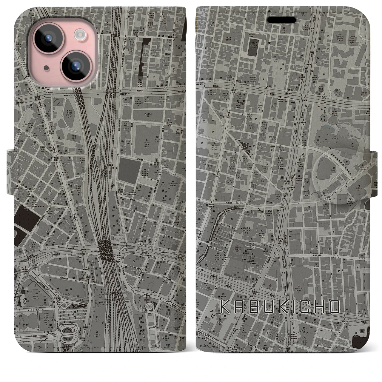 【歌舞伎町】地図柄iPhoneケース（手帳両面タイプ・モノトーン）iPhone 15 Plus 用