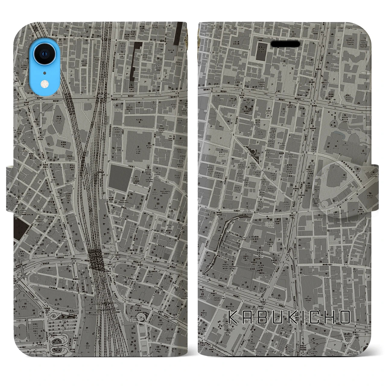 【歌舞伎町（東京都）】地図柄iPhoneケース（手帳タイプ）モノトーン・iPhone XR 用