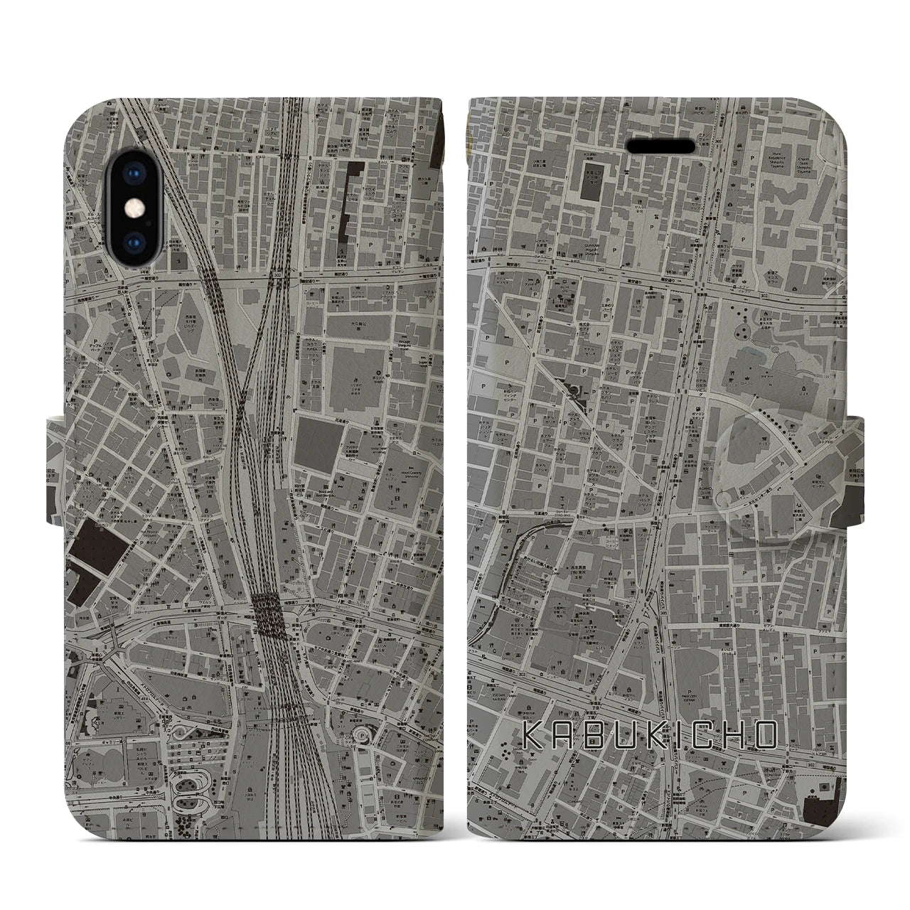 【歌舞伎町】地図柄iPhoneケース（手帳両面タイプ・モノトーン）iPhone XS / X 用