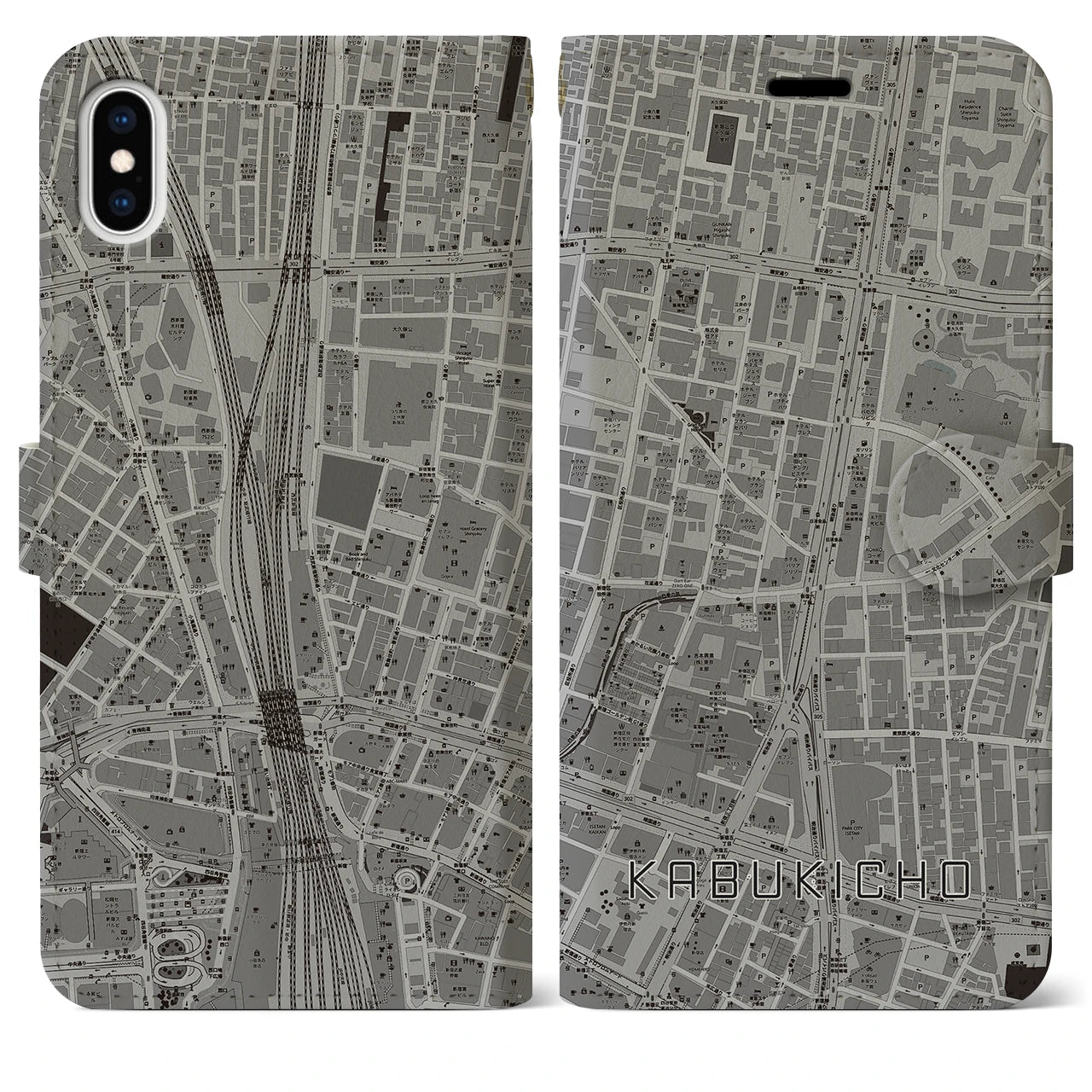 【歌舞伎町】地図柄iPhoneケース（手帳両面タイプ・モノトーン）iPhone XS Max 用