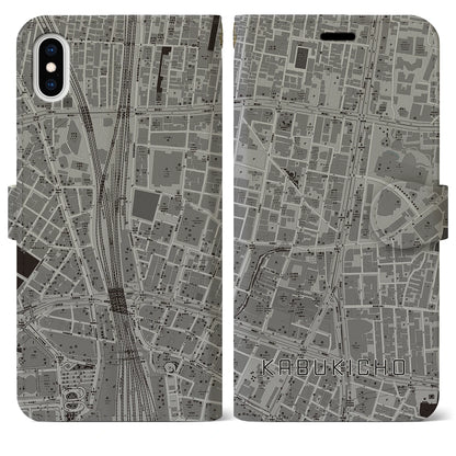【歌舞伎町（東京都）】地図柄iPhoneケース（手帳タイプ）モノトーン・iPhone XS Max 用