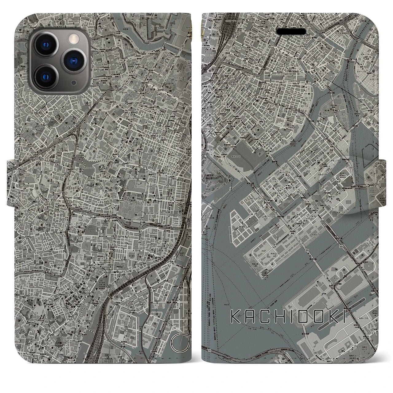 【勝どき】地図柄iPhoneケース（手帳両面タイプ・モノトーン）iPhone 11 Pro Max 用