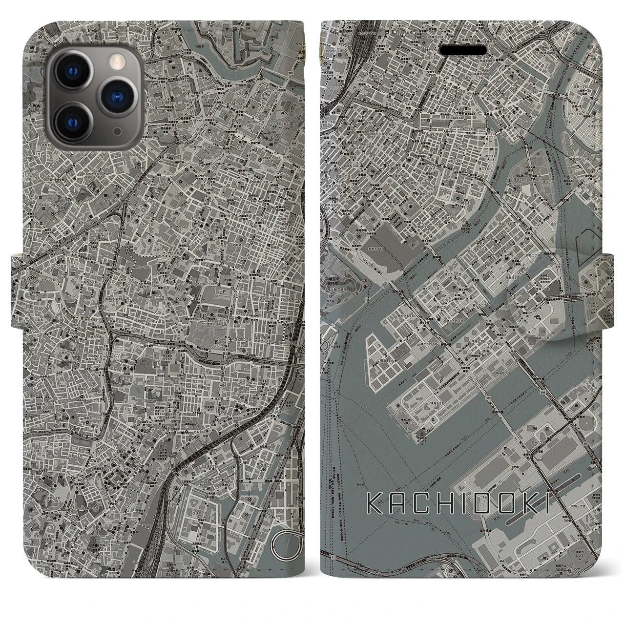 【勝どき（東京都）】地図柄iPhoneケース（手帳タイプ）モノトーン・iPhone 11 Pro Max 用