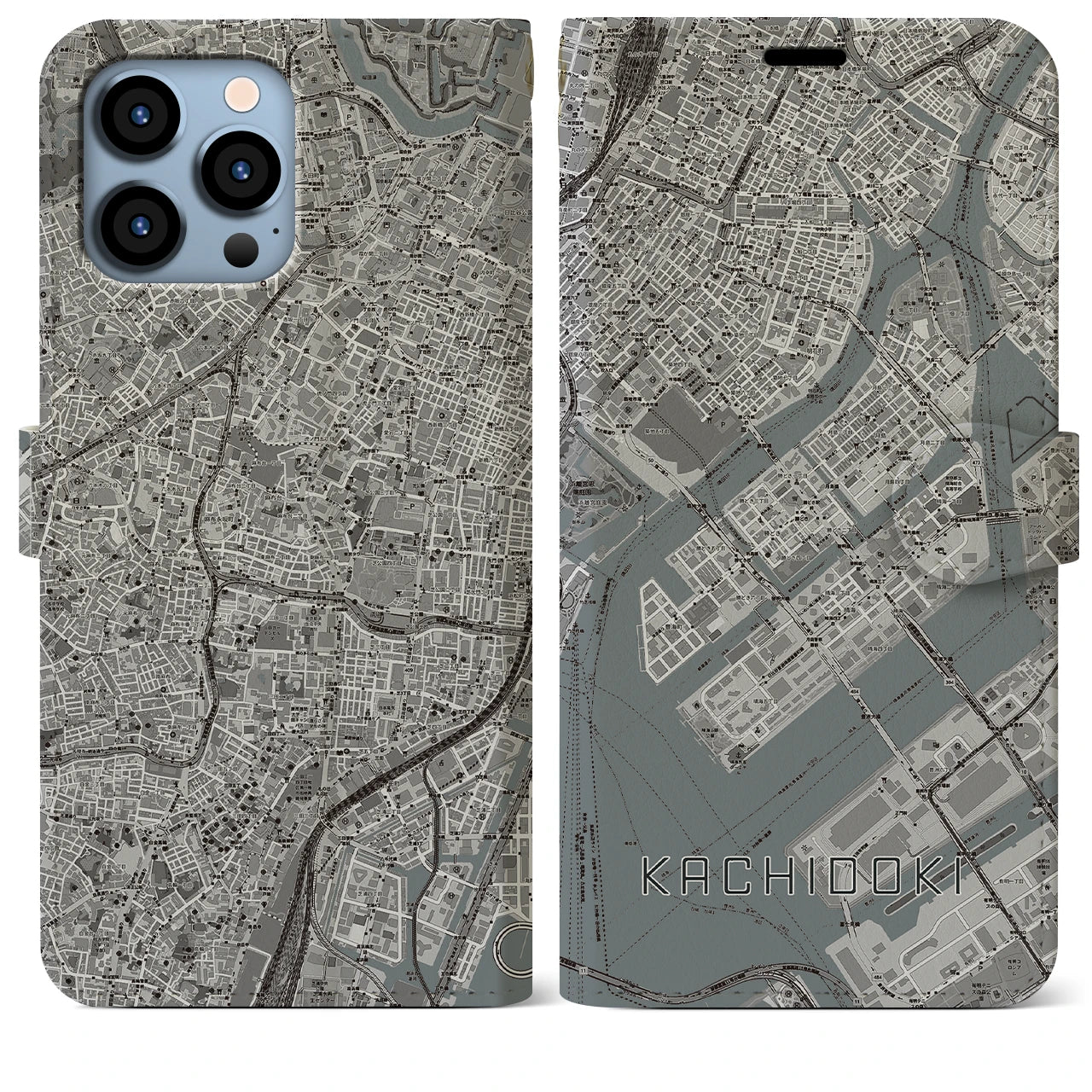 【勝どき】地図柄iPhoneケース（手帳両面タイプ・モノトーン）iPhone 13 Pro Max 用