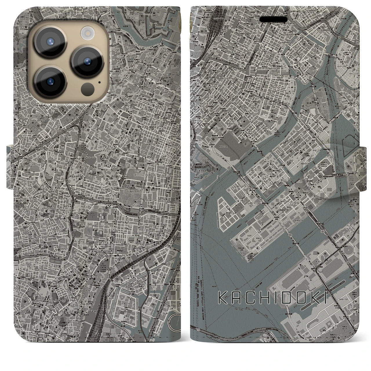 【勝どき】地図柄iPhoneケース（手帳両面タイプ・モノトーン）iPhone 14 Pro Max 用